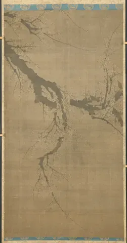 A single plum branch brushed in ink on a tall scroll