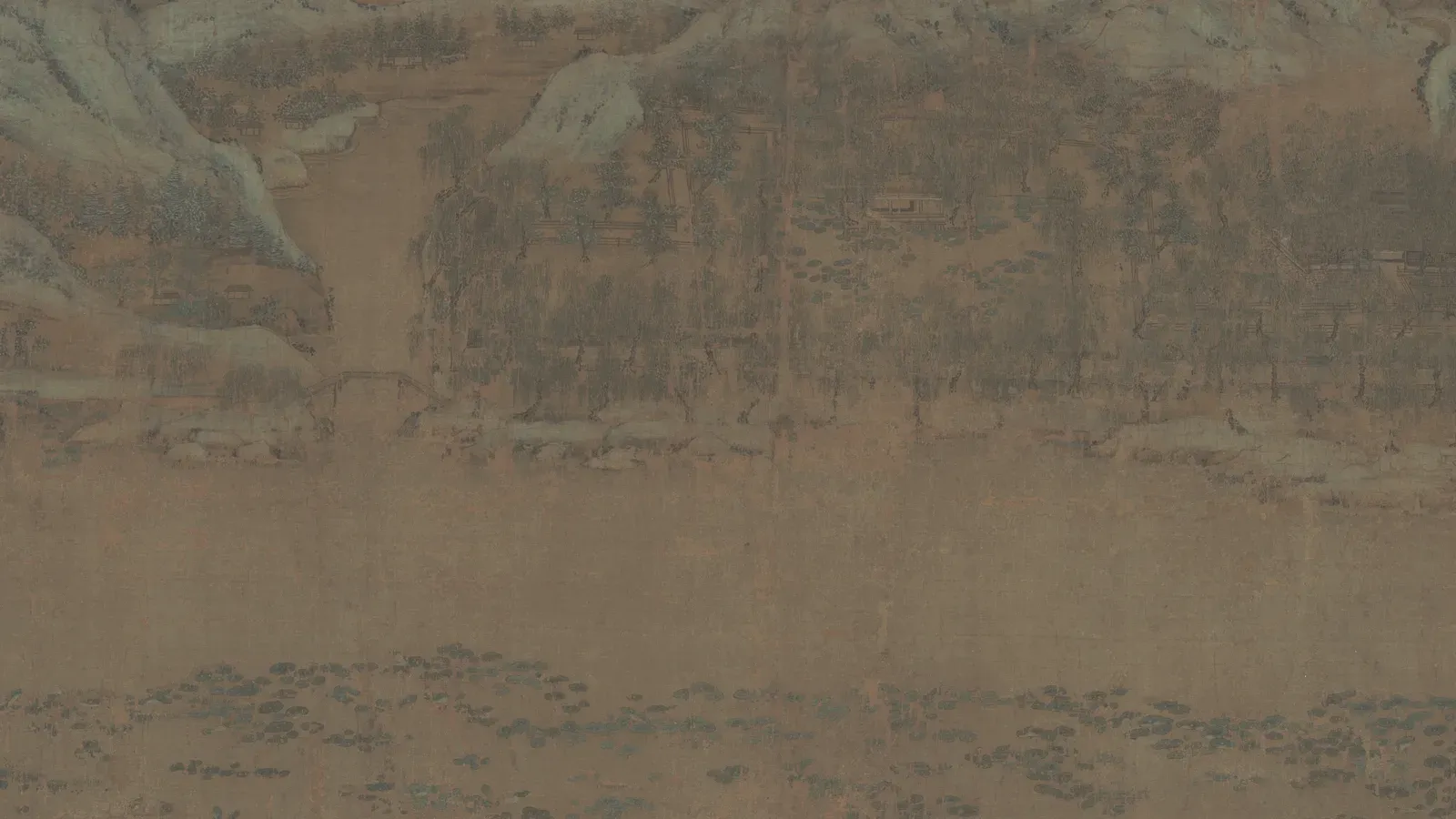 A long ink-wash landscape, river mist thinning into pale ground