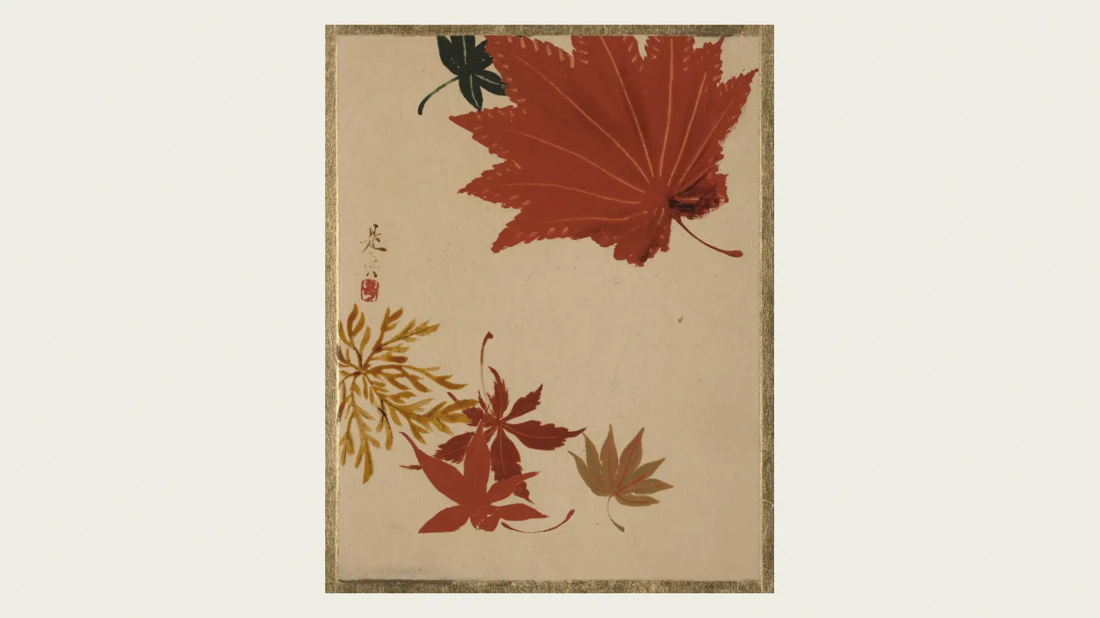 Red maple leaves and autumn grasses in the Rimpa manner