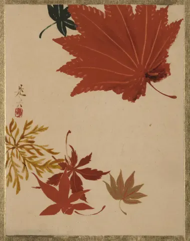 Red maple leaves and autumn grasses in the Rimpa manner