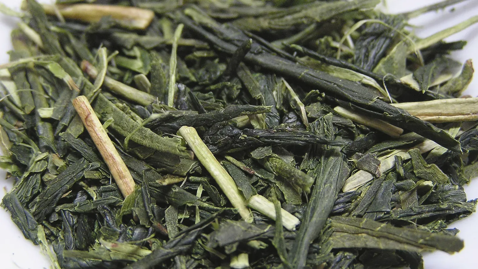 Loose aracha, dark green leaf mixed with pale stem, spread on white