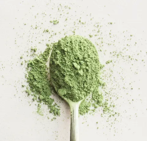 Vivid green matcha powder heaped on a spoon