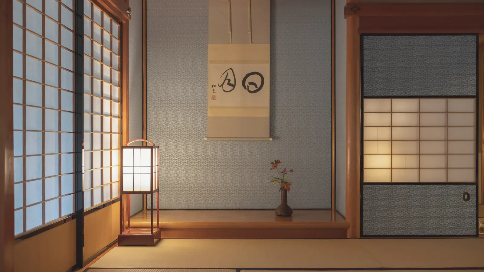A tatami tea room, a scroll and lantern in the warm alcove