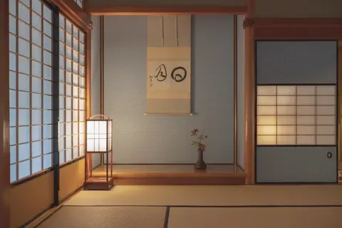 A tatami tea room, a scroll and lantern in the warm alcove